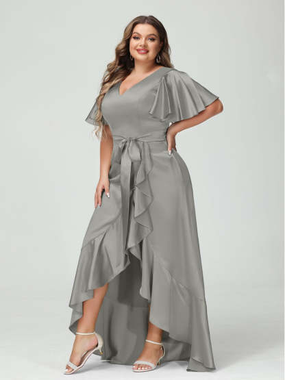 V-Neck Short Sleeve Asymmetrical Plus Size Dress with Ruffles, Pockets, and Sash
