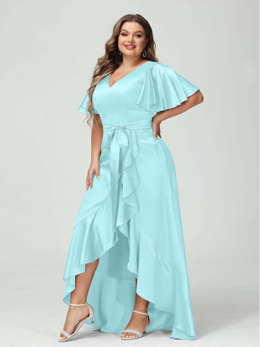 V-Neck Short Sleeve Asymmetrical Plus Size Dress with Ruffles, Pockets, and Sash