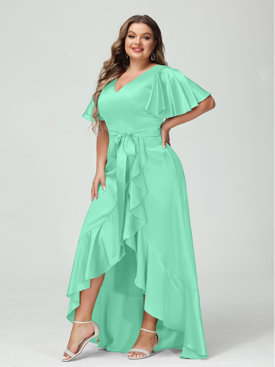 V-Neck Short Sleeve Asymmetrical Plus Size Dress with Ruffles, Pockets, and Sash