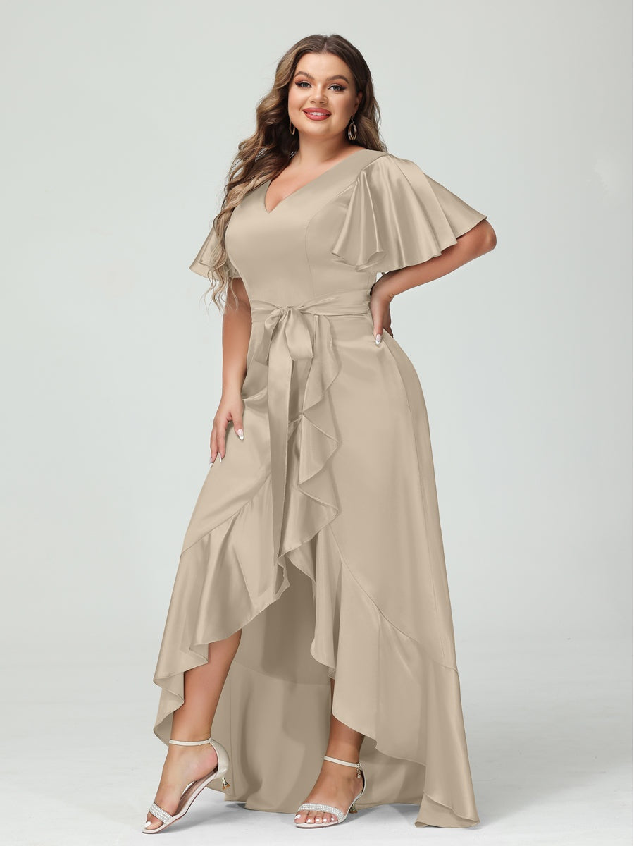 V-Neck Short Sleeve Asymmetrical Plus Size Dress with Ruffles, Pockets, and Sash
