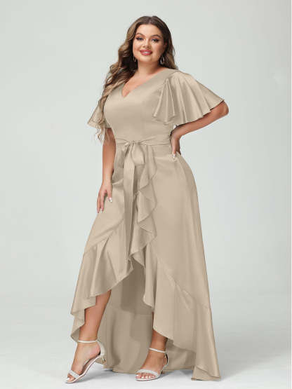 V-Neck Short Sleeve Asymmetrical Plus Size Dress with Ruffles, Pockets, and Sash
