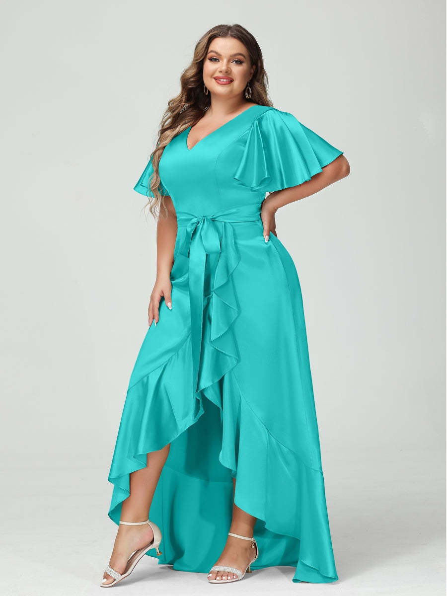V-Neck Short Sleeve Asymmetrical Plus Size Dress with Ruffles, Pockets, and Sash
