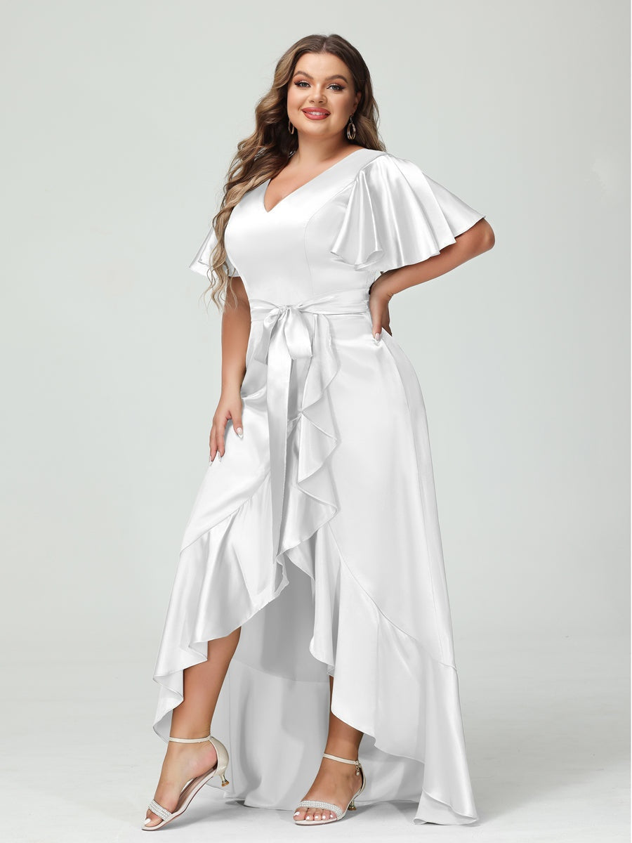 V-Neck Short Sleeve Asymmetrical Plus Size Dress with Ruffles, Pockets, and Sash