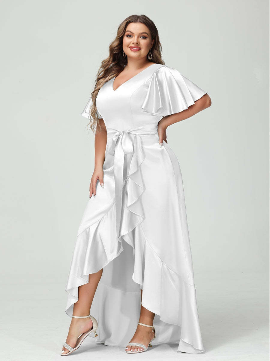 V-Neck Short Sleeve Asymmetrical Plus Size Dress with Ruffles, Pockets, and Sash