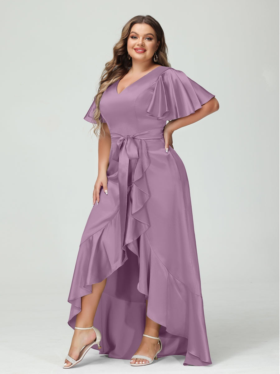 V-Neck Short Sleeve Asymmetrical Plus Size Dress with Ruffles, Pockets, and Sash