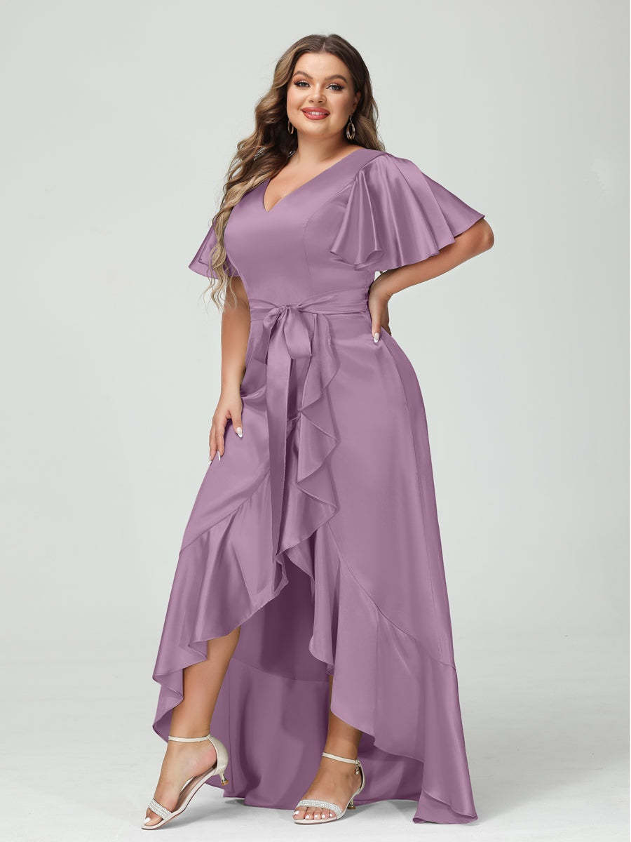 V-Neck Short Sleeve Asymmetrical Plus Size Dress with Ruffles, Pockets, and Sash