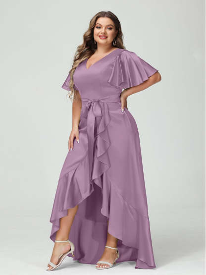 V-Neck Short Sleeve Asymmetrical Plus Size Dress with Ruffles, Pockets, and Sash