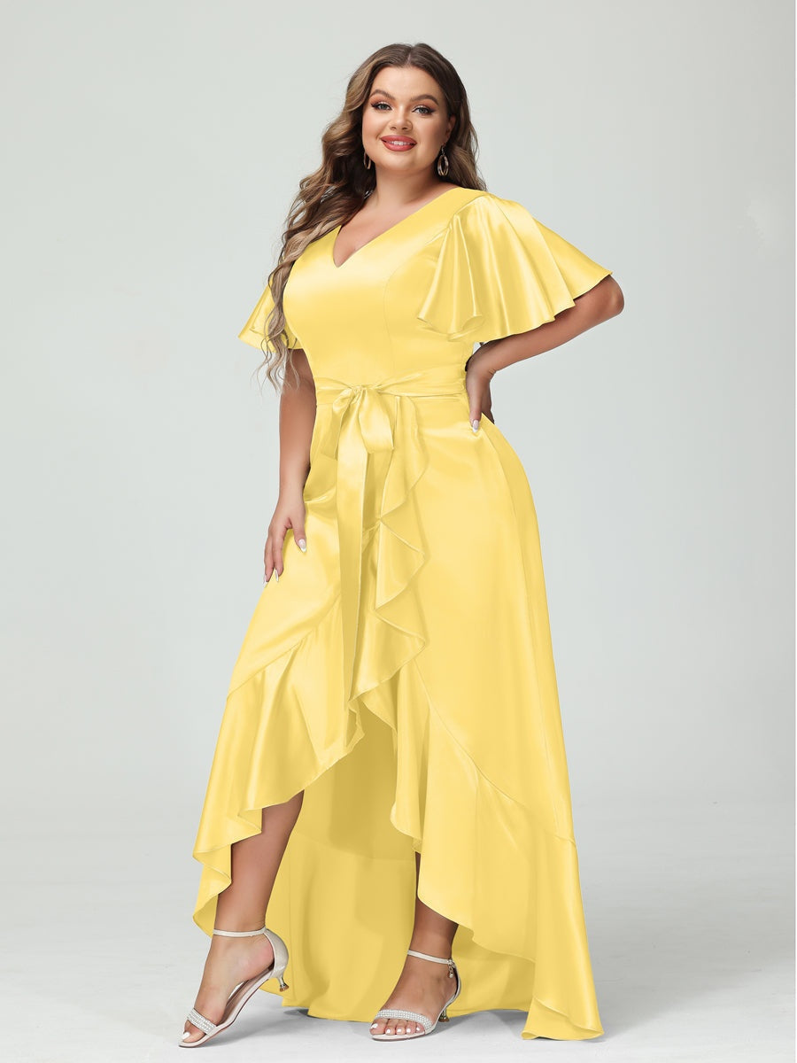 V-Neck Short Sleeve Asymmetrical Plus Size Dress with Ruffles, Pockets, and Sash