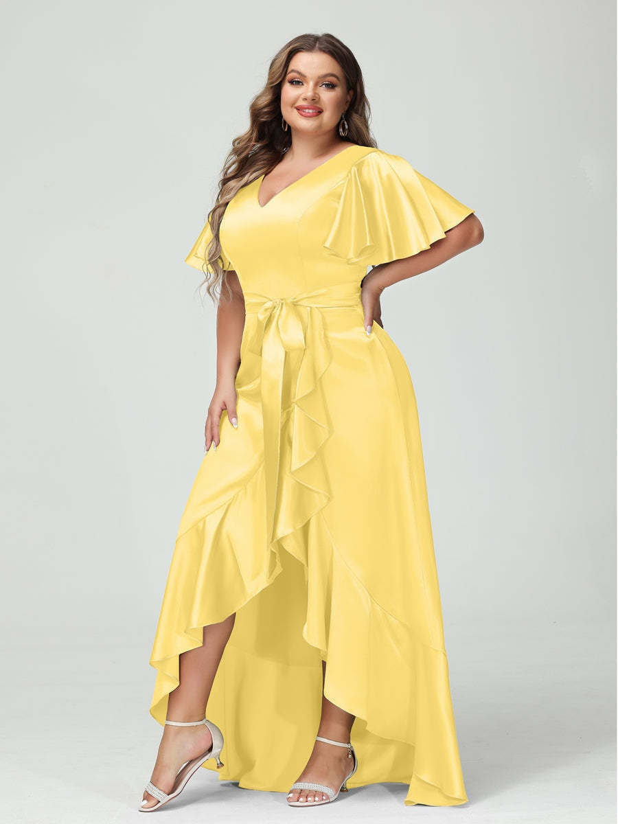 V-Neck Short Sleeve Asymmetrical Plus Size Dress with Ruffles, Pockets, and Sash