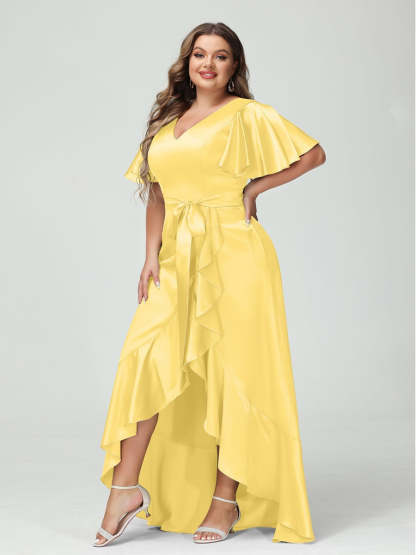V-Neck Short Sleeve Asymmetrical Plus Size Dress with Ruffles, Pockets, and Sash