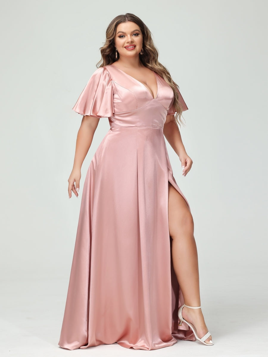 Plus Size Silk Satin Bridesmaid Dress with Pockets, A-Line V-Neck and Half Sleeves