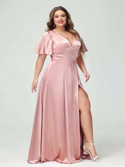 Plus Size Silk Satin Bridesmaid Dress with Pockets, A-Line V-Neck and Half Sleeves