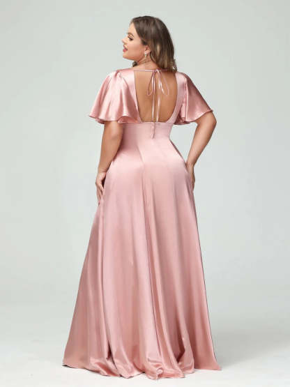 Plus Size Silk Satin Bridesmaid Dress with Pockets, A-Line V-Neck and Half Sleeves