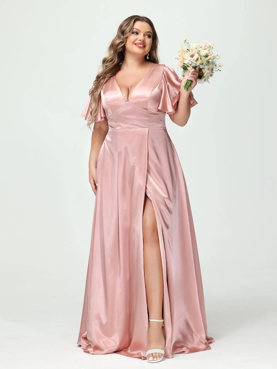 Plus Size Silk Satin Bridesmaid Dress with Pockets, A-Line V-Neck and Half Sleeves
