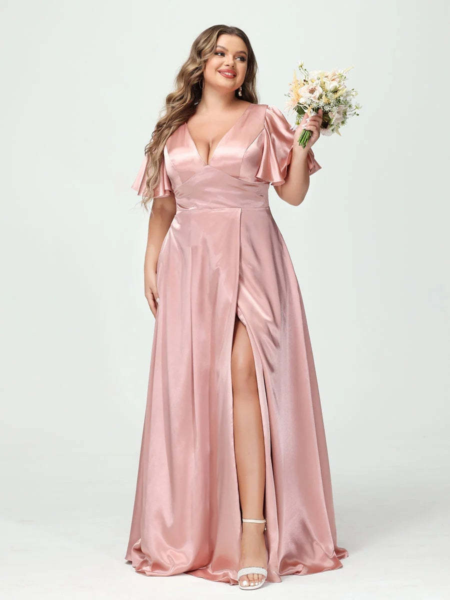 Plus Size Silk Satin Bridesmaid Dress with Pockets, A-Line V-Neck and Half Sleeves
