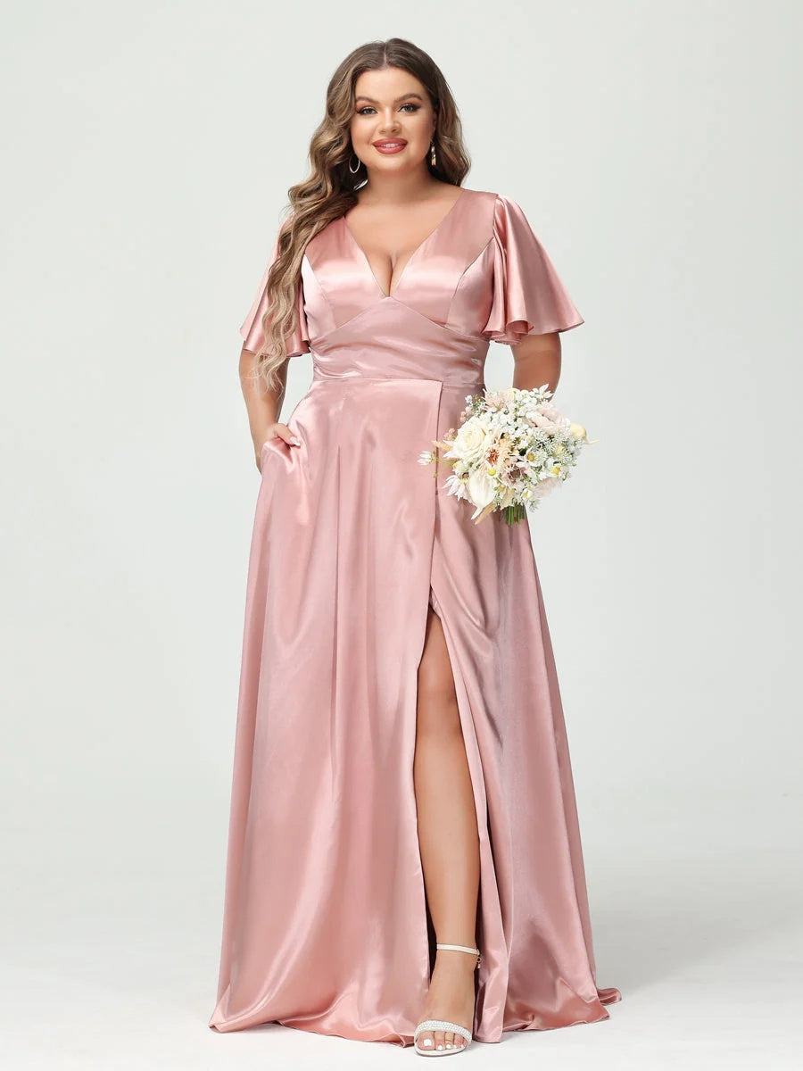 Plus Size Silk Satin Bridesmaid Dress with Pockets, A-Line V-Neck and Half Sleeves