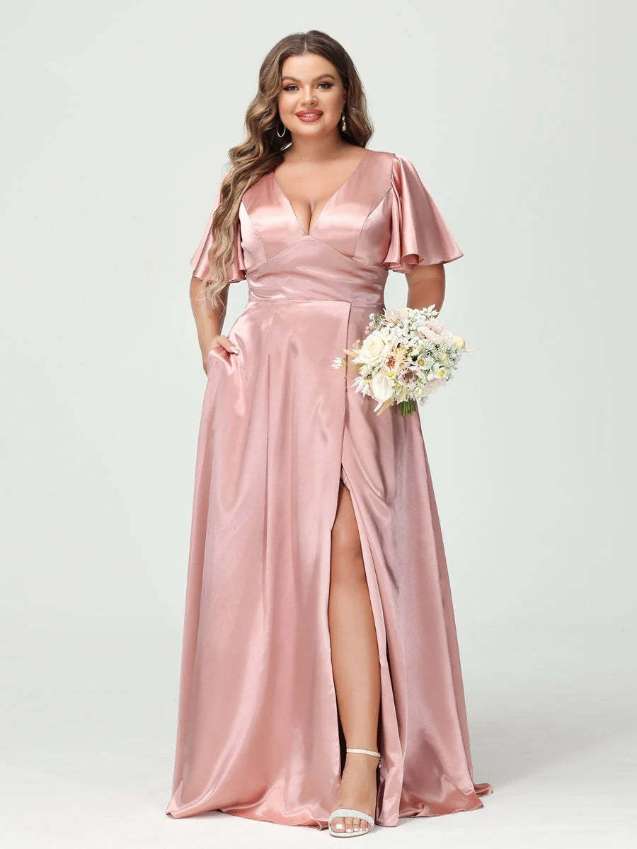 Plus Size Silk Satin Bridesmaid Dress with Pockets, A-Line V-Neck and Half Sleeves
