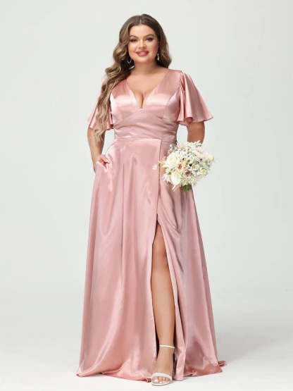 Plus Size Silk Satin Bridesmaid Dress with Pockets, A-Line V-Neck and Half Sleeves