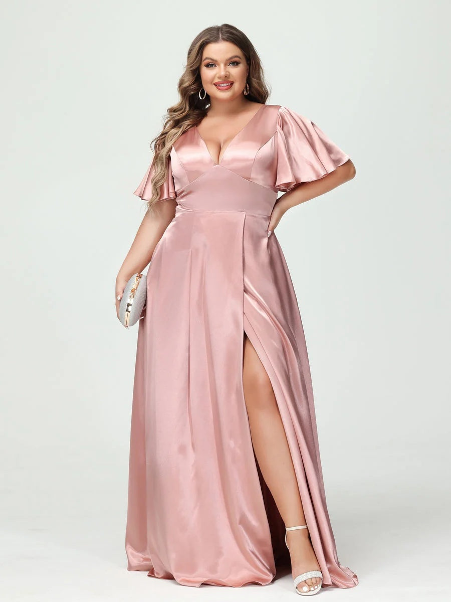 Plus Size Silk Satin Bridesmaid Dress with Pockets, A-Line V-Neck and Half Sleeves