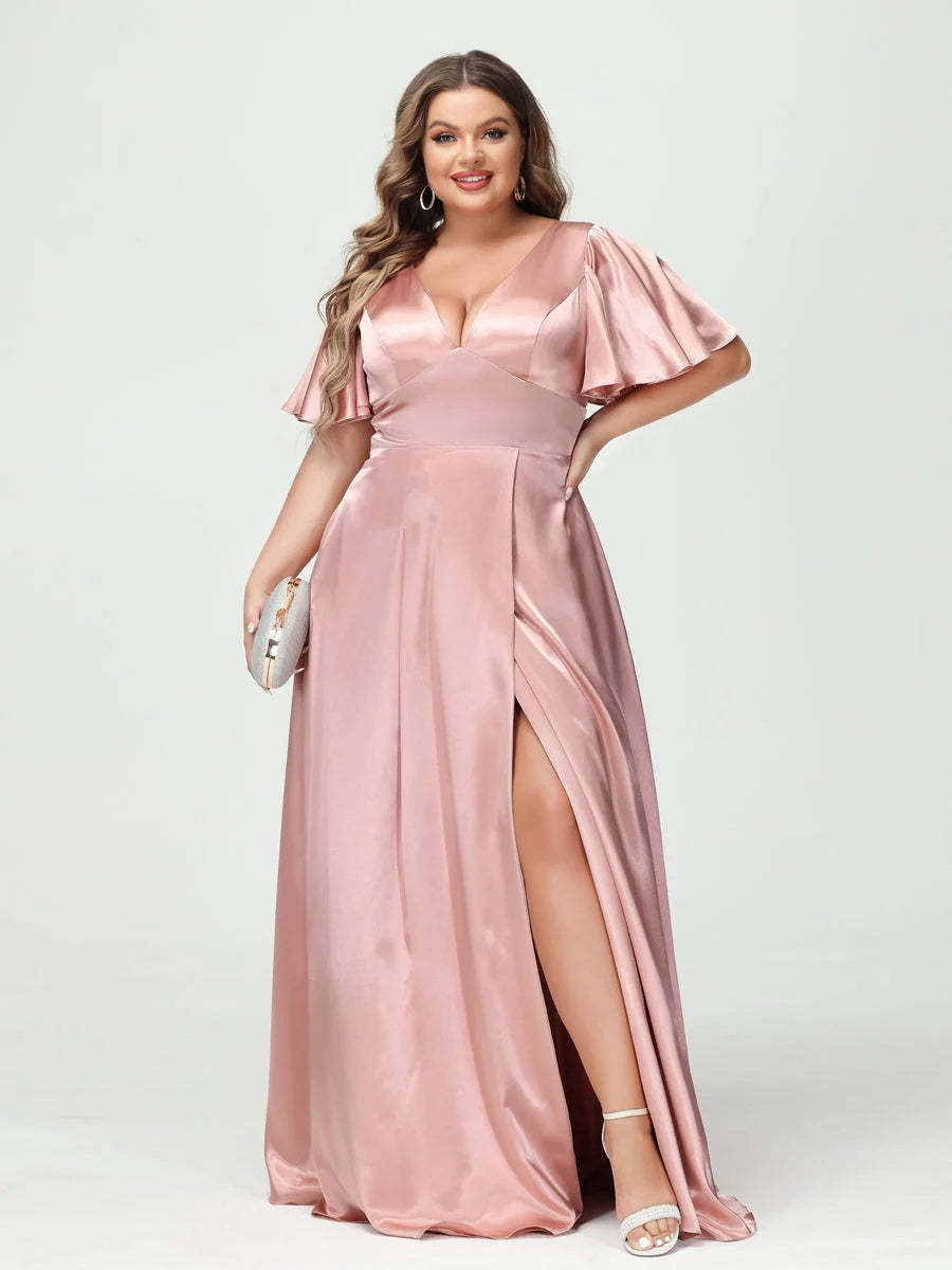 Plus Size Silk Satin Bridesmaid Dress with Pockets, A-Line V-Neck and Half Sleeves