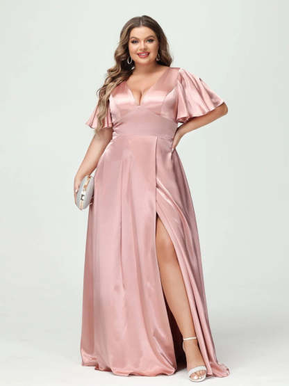 Plus Size Silk Satin Bridesmaid Dress with Pockets, A-Line V-Neck and Half Sleeves