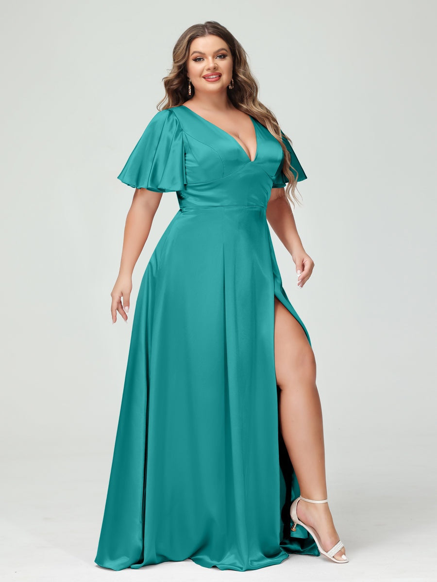 Plus Size Silk Satin Bridesmaid Dress with Pockets, A-Line V-Neck and Half Sleeves