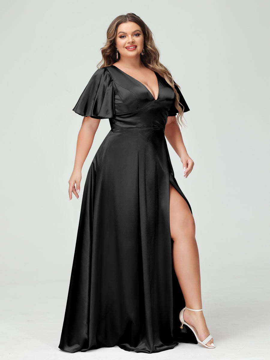 Plus Size Silk Satin Bridesmaid Dress with Pockets, A-Line V-Neck and Half Sleeves