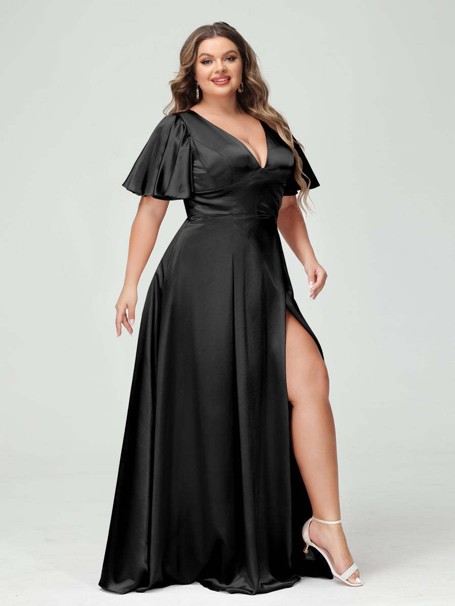 Plus Size Silk Satin Bridesmaid Dress with Pockets, A-Line V-Neck and Half Sleeves