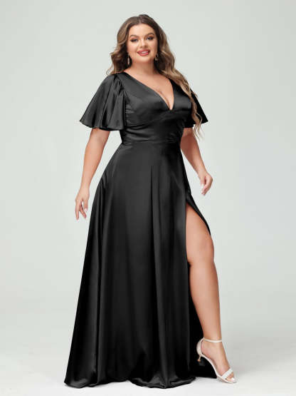 Plus Size Silk Satin Bridesmaid Dress with Pockets, A-Line V-Neck and Half Sleeves
