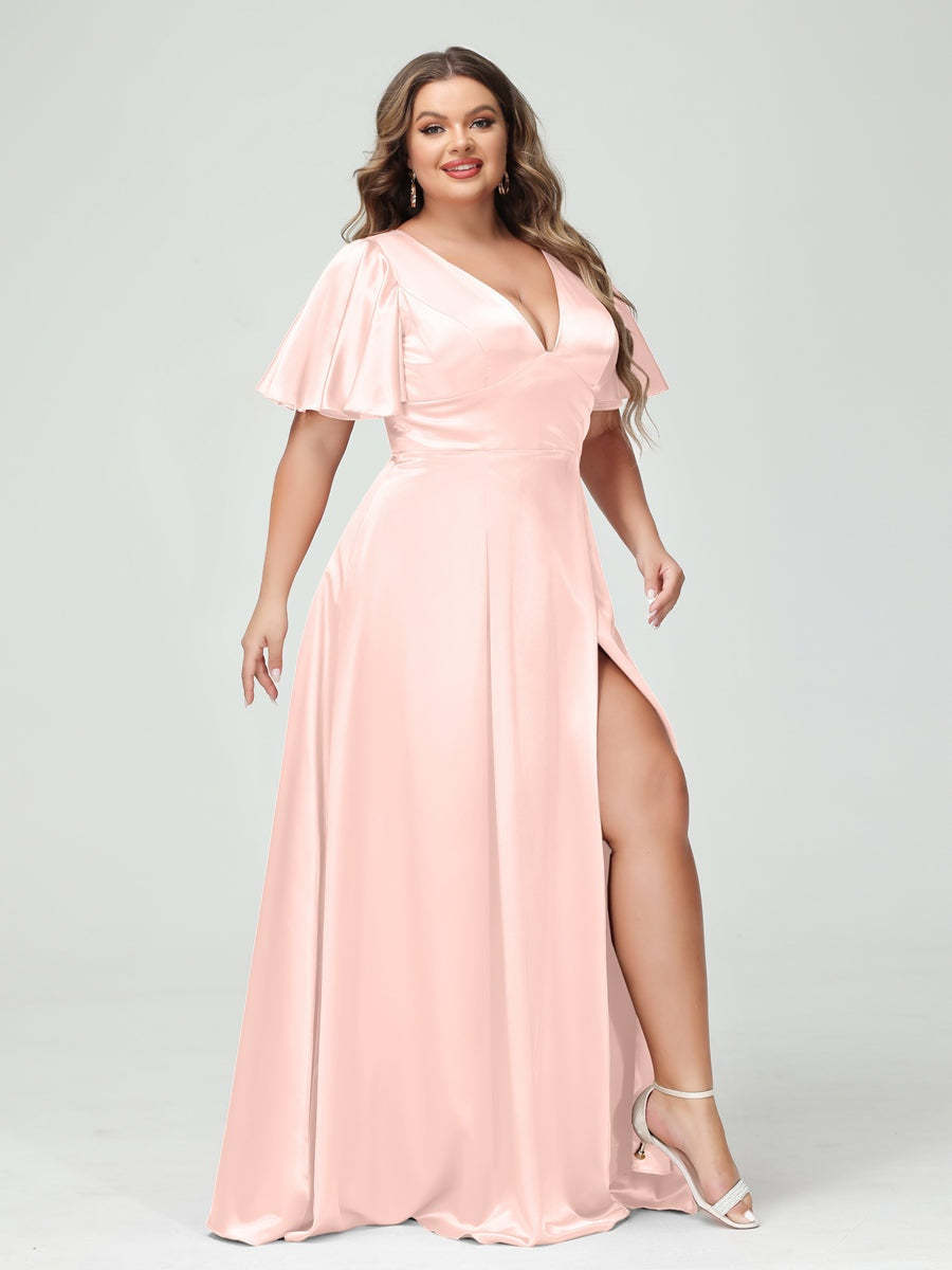 Plus Size Silk Satin Bridesmaid Dress with Pockets, A-Line V-Neck and Half Sleeves