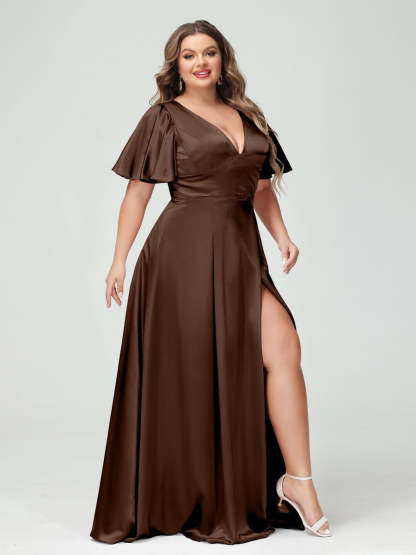 Plus Size Silk Satin Bridesmaid Dress with Pockets, A-Line V-Neck and Half Sleeves
