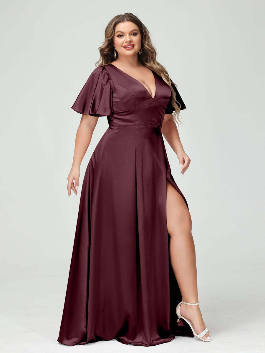Plus Size Silk Satin Bridesmaid Dress with Pockets, A-Line V-Neck and Half Sleeves