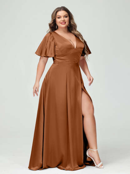 Plus Size Silk Satin Bridesmaid Dress with Pockets, A-Line V-Neck and Half Sleeves
