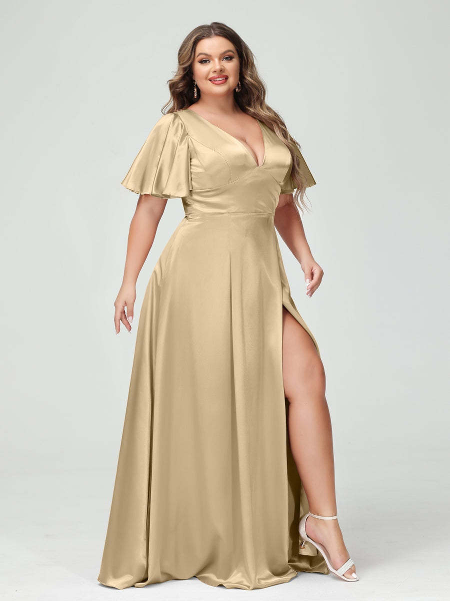 Plus Size Silk Satin Bridesmaid Dress with Pockets, A-Line V-Neck and Half Sleeves