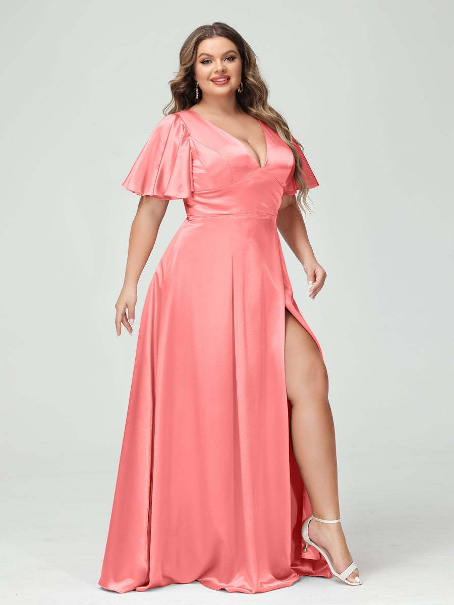 Plus Size Silk Satin Bridesmaid Dress with Pockets, A-Line V-Neck and Half Sleeves