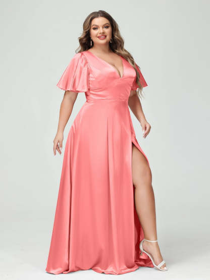 Plus Size Silk Satin Bridesmaid Dress with Pockets, A-Line V-Neck and Half Sleeves