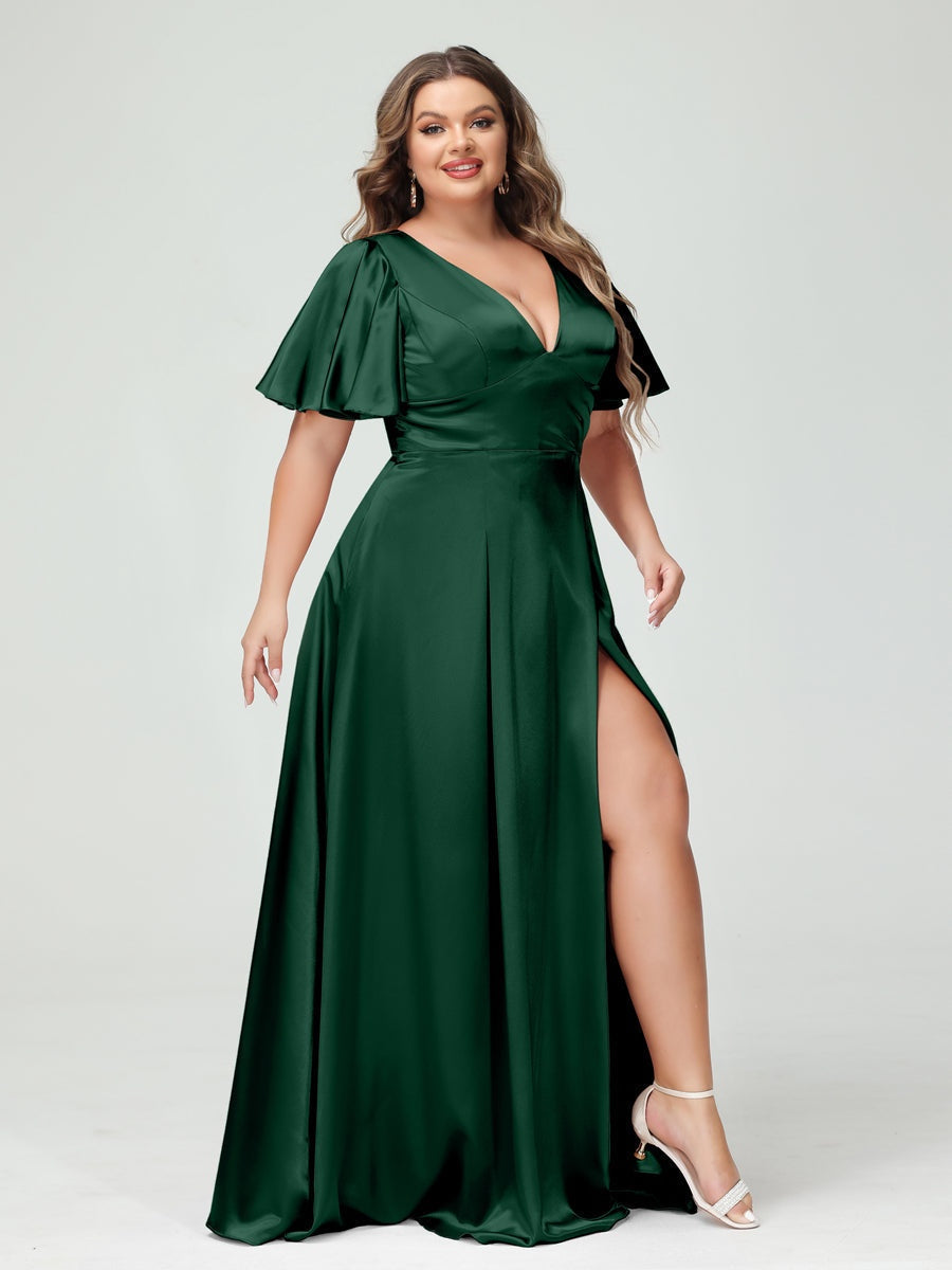 Plus Size Silk Satin Bridesmaid Dress with Pockets, A-Line V-Neck and Half Sleeves