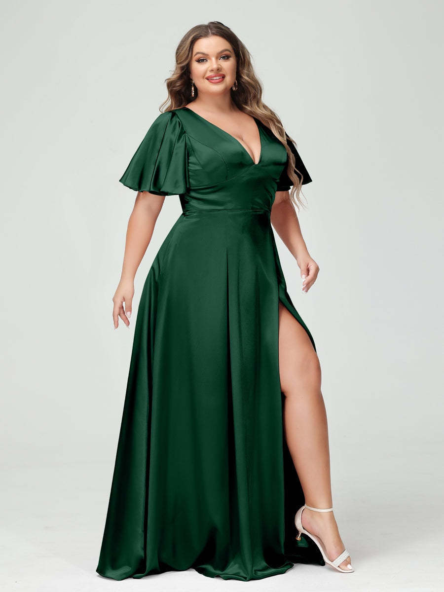 Plus Size Silk Satin Bridesmaid Dress with Pockets, A-Line V-Neck and Half Sleeves