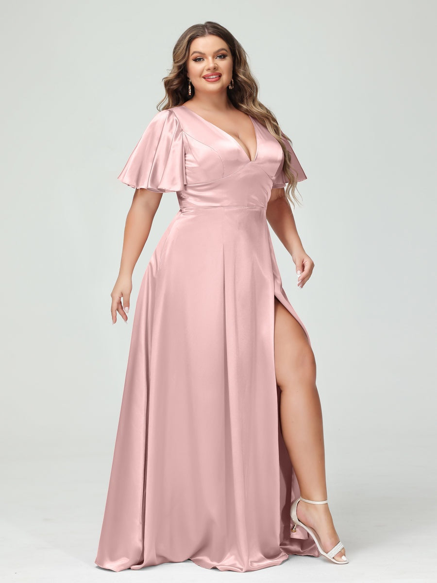 Plus Size Silk Satin Bridesmaid Dress with Pockets, A-Line V-Neck and Half Sleeves