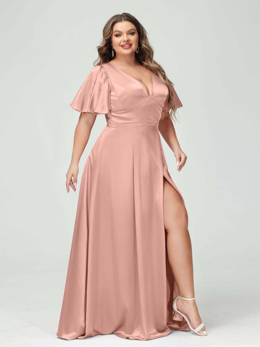 Plus Size Silk Satin Bridesmaid Dress with Pockets, A-Line V-Neck and Half Sleeves