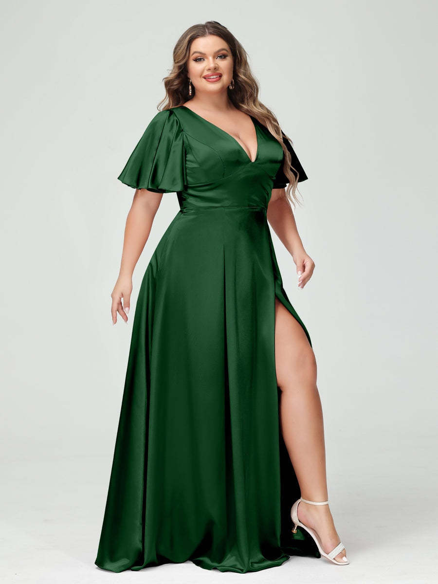 Plus Size Silk Satin Bridesmaid Dress with Pockets, A-Line V-Neck and Half Sleeves
