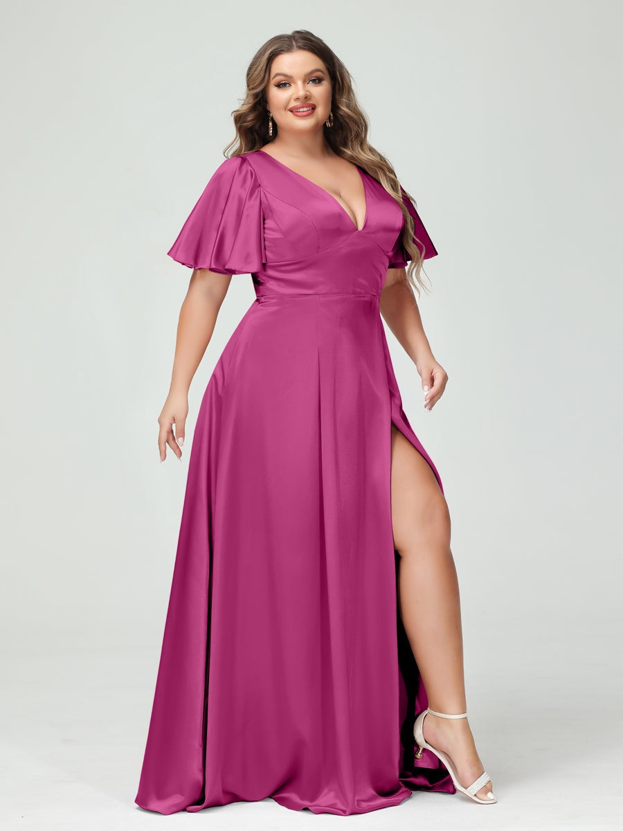 Plus Size Silk Satin Bridesmaid Dress with Pockets, A-Line V-Neck and Half Sleeves