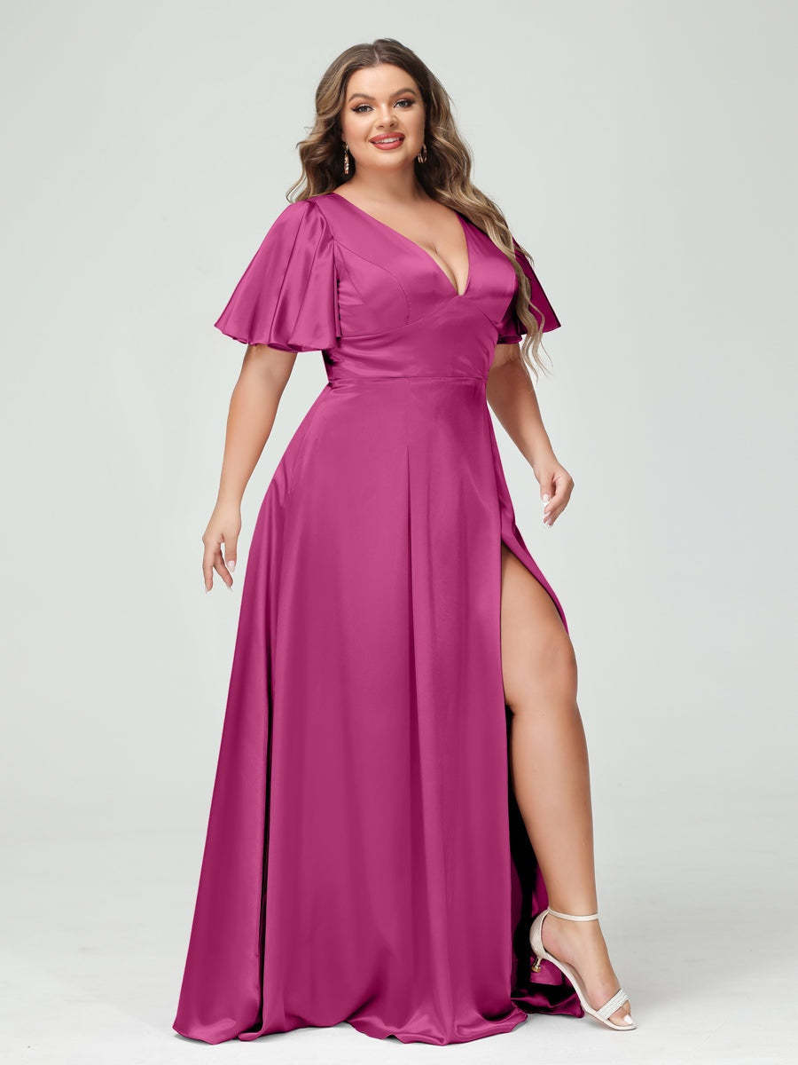 Plus Size Silk Satin Bridesmaid Dress with Pockets, A-Line V-Neck and Half Sleeves