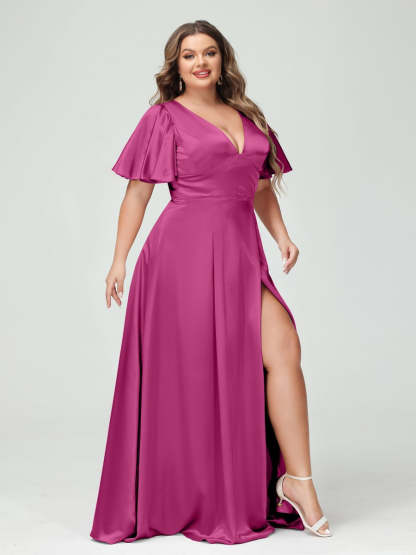 Plus Size Silk Satin Bridesmaid Dress with Pockets, A-Line V-Neck and Half Sleeves