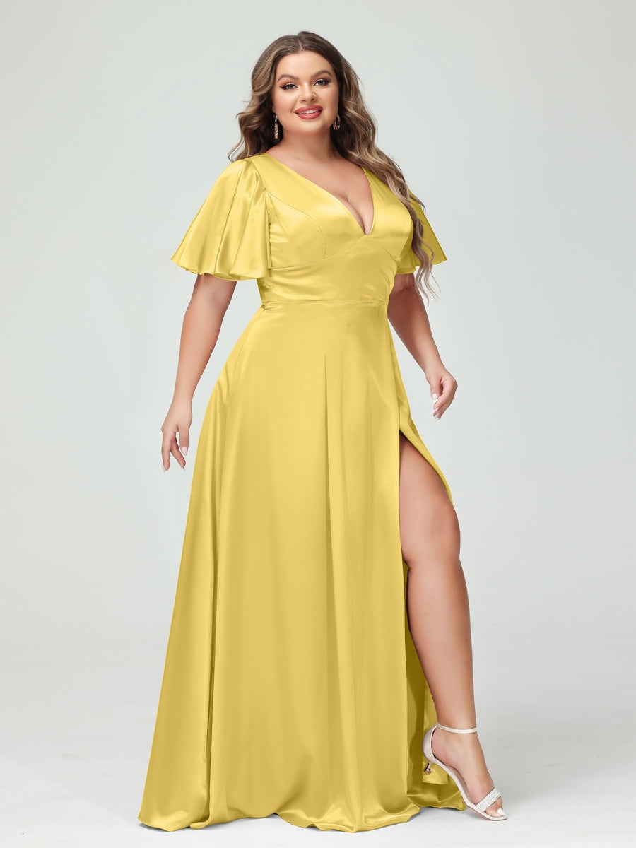 Plus Size Silk Satin Bridesmaid Dress with Pockets, A-Line V-Neck and Half Sleeves