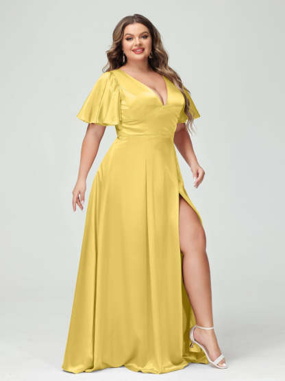 Plus Size Silk Satin Bridesmaid Dress with Pockets, A-Line V-Neck and Half Sleeves