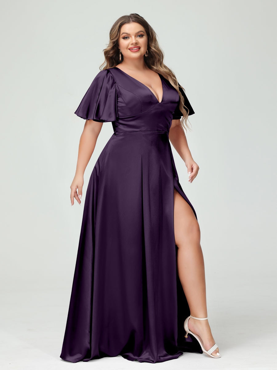 Plus Size Silk Satin Bridesmaid Dress with Pockets, A-Line V-Neck and Half Sleeves