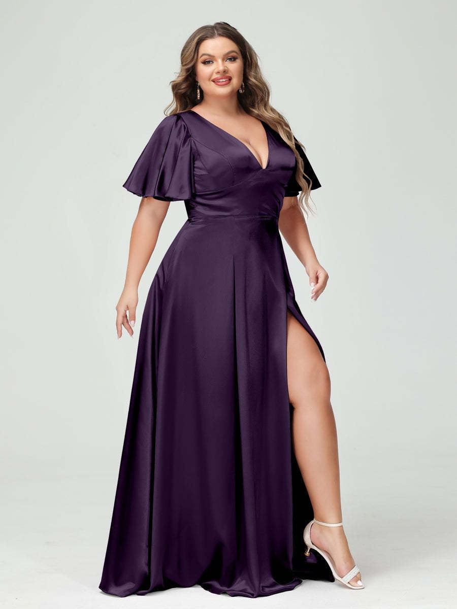 Plus Size Silk Satin Bridesmaid Dress with Pockets, A-Line V-Neck and Half Sleeves