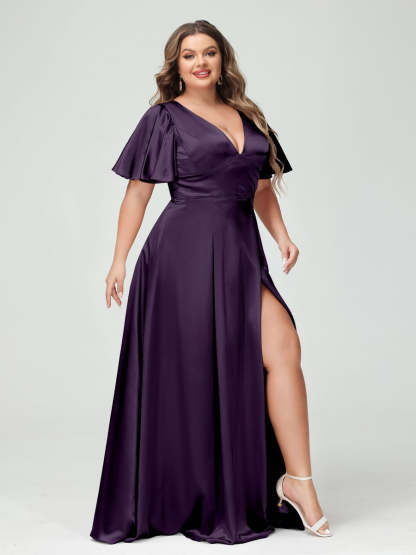 Plus Size Silk Satin Bridesmaid Dress with Pockets, A-Line V-Neck and Half Sleeves