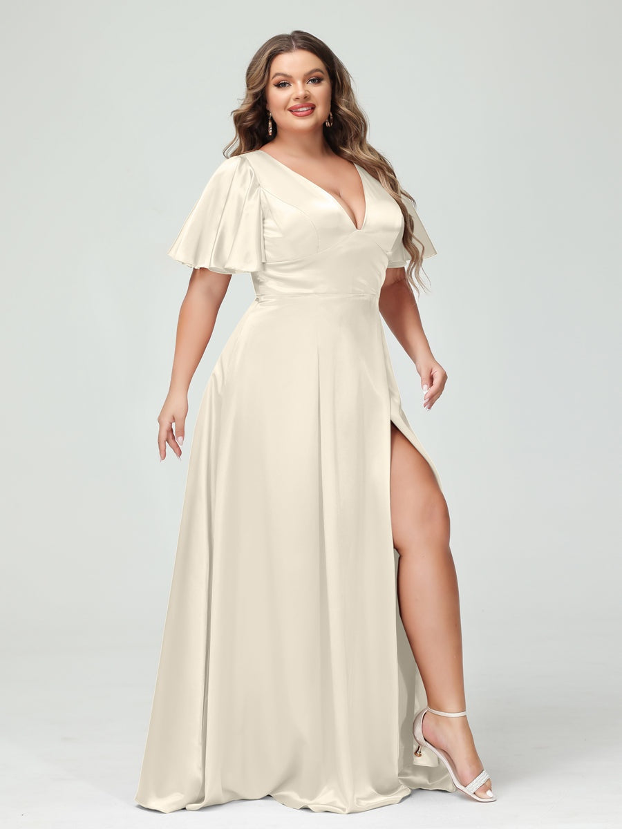 Plus Size Silk Satin Bridesmaid Dress with Pockets, A-Line V-Neck and Half Sleeves